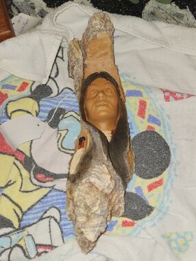 Native American Woman Face in Bark Sculpture - Brown